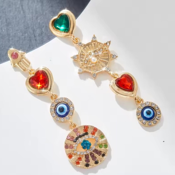 Evil Eye Rhinestones Mismatch Linear Earrings - Picture 3 of 5